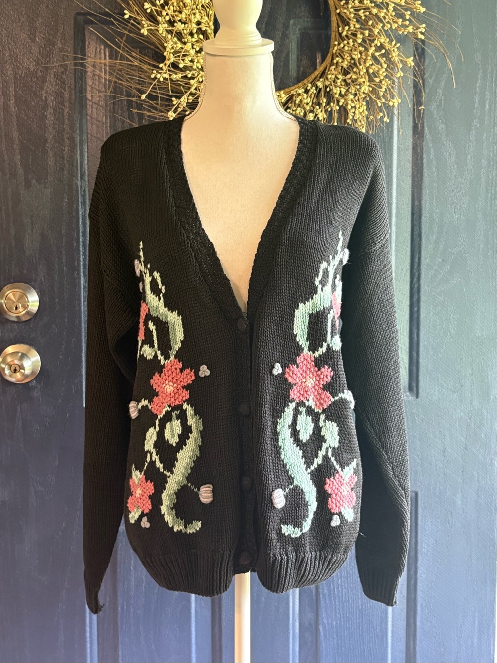 Vintage Tilbury Black Floral Cardigan Sweater Ramie Cotton Granny Chic Size M